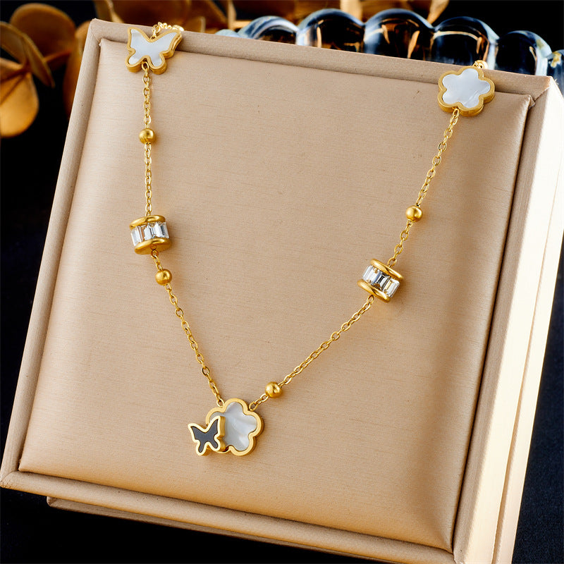 Set Collana Orecchini Bracciale Placcato in Acciaio Inossidabile con Fiori Floreali Eleganti Farfalle Vintage