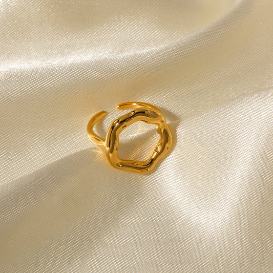 Minimalist Geometric Hollow-Out Lava Flower Open Ring for Women in Titanium Steel with 18K Gold Plating