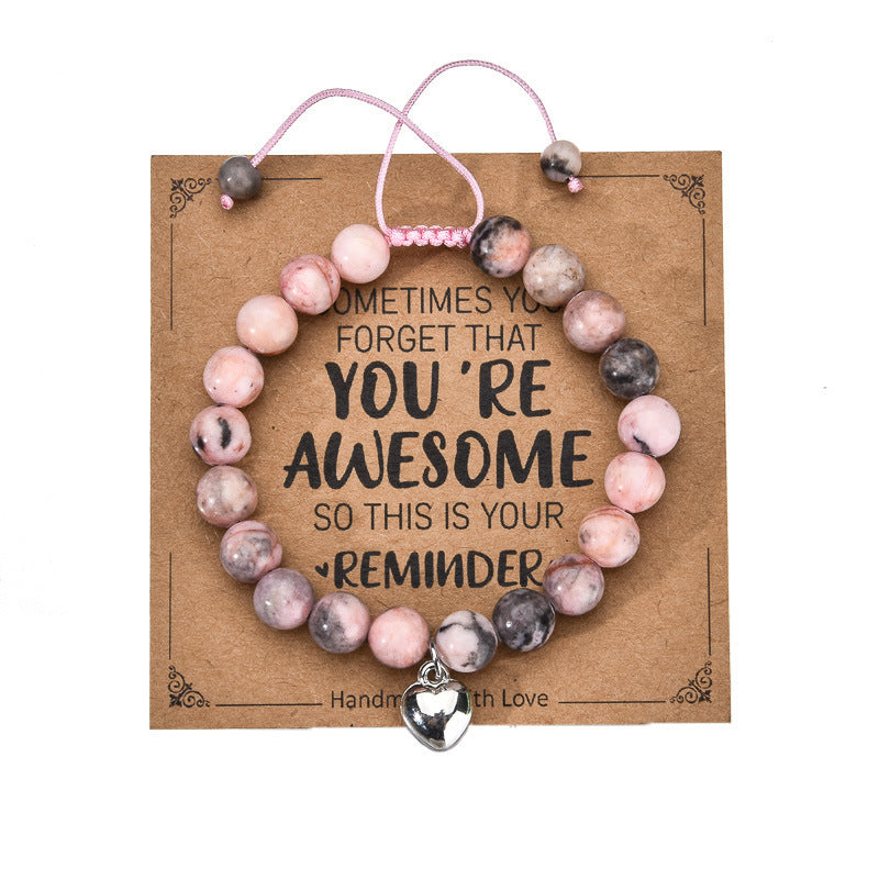 Sweet Zebra Print Agate Heart Bracelet with Imitation Pearl and Green Pink Crystal Unisex Jewelry