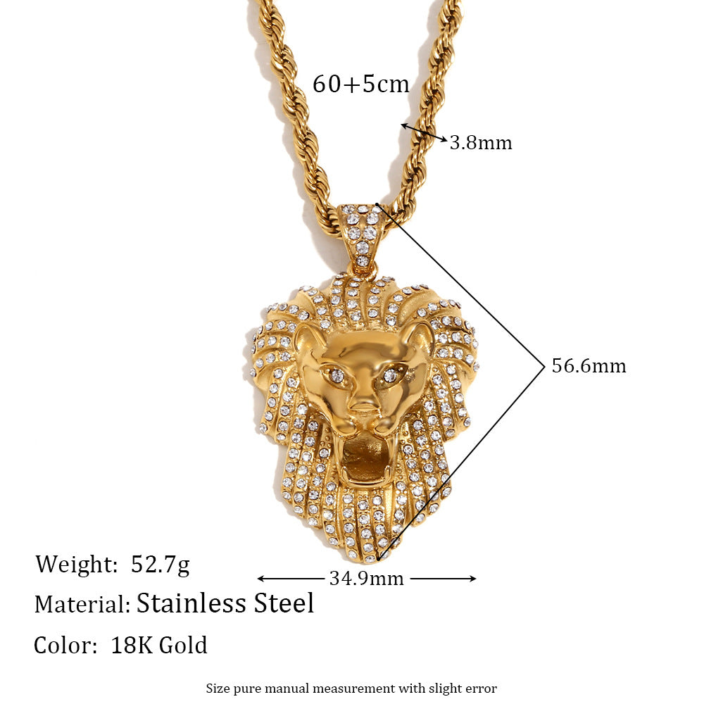 Collana con Pendente a Forma di Leone in Stile Hip Hop da Uomo con Corpo in Acciaio Inossidabile, Pendente in Acciaio al Titanio Elettroplaccato Oro 18K, Catena Intrecciata con Strass Incrostati
