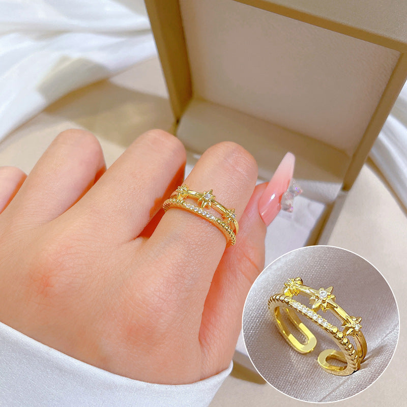 Luxury Minimalist Plated Brass Crown Rhinestone Adjustable Ring for Women