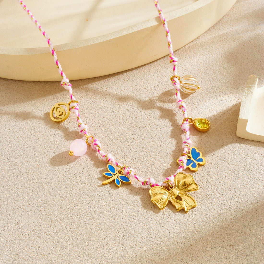 Bohemian Vintage Gold Plated Drip Oil Stainless Steel Bow and Insect Pendant Necklace for Women