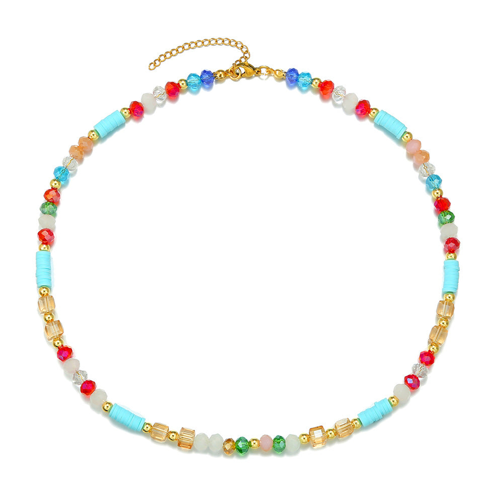 Bohemian Geometric Round Stainless Steel and Resin Beaded Necklace with Titanium Steel Pendant for Women