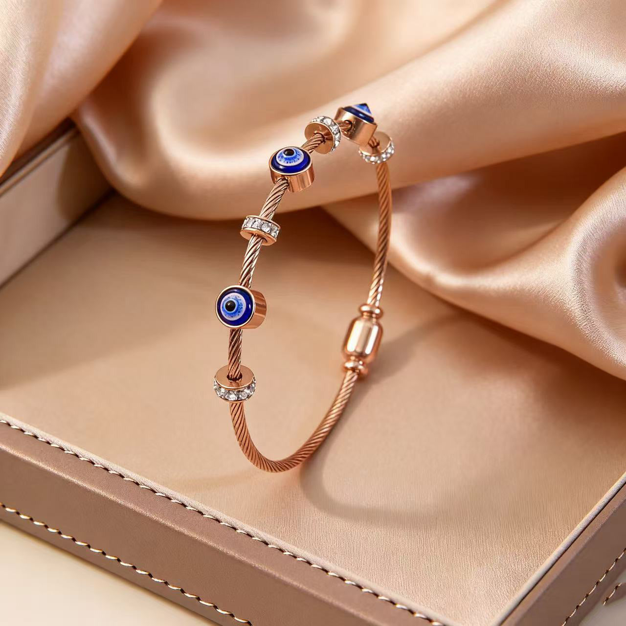 Vintage 18K Gold Plated Titanium Steel Drip Oil Evil Eye Bracelet with Rhinestones
