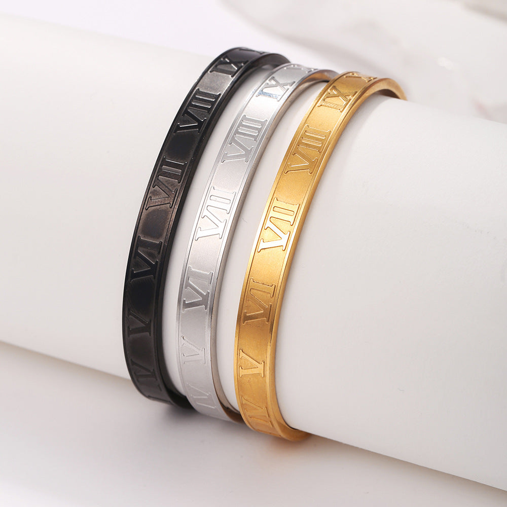 Punk Geometric C-Shape Open Roman Numeral Plated Stainless Steel Bracelet for Unisex