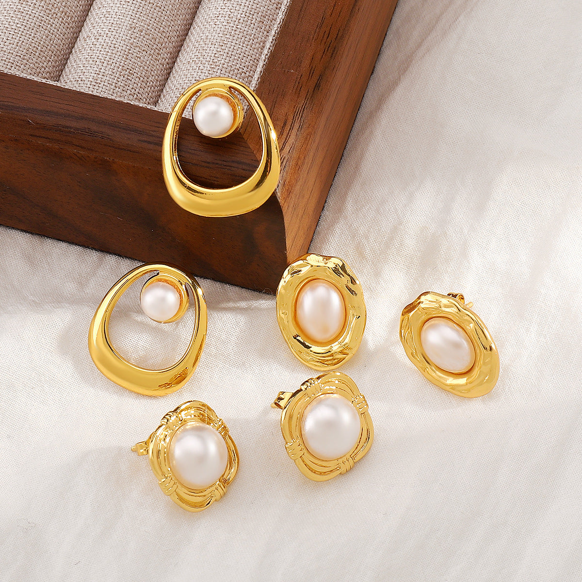 Vintage-Inspired Geometric Stainless Steel Stud Earrings for Women with Pearl Accents and Plated Finish