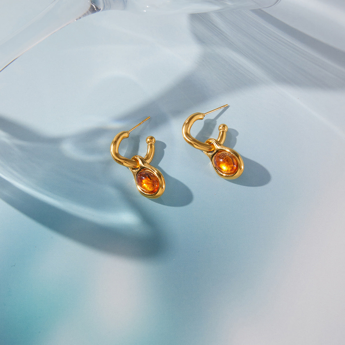 Minimalist Geometric Stainless Steel Plated Earrings with Amber and Resin Inlay for Women