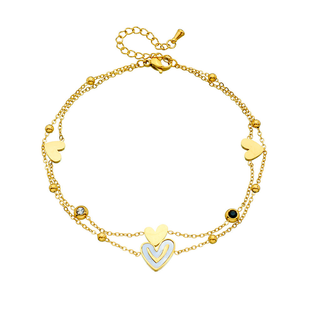 Fashion Heart Tree of Life Rhinestone Inlay Stainless Steel Double Layer Anklet for Women