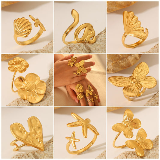Anello Aperto in Acciaio Inossidabile da Donna con Farfalla Cuore Stella Fiore Geometrico e Animale, Stile Ins