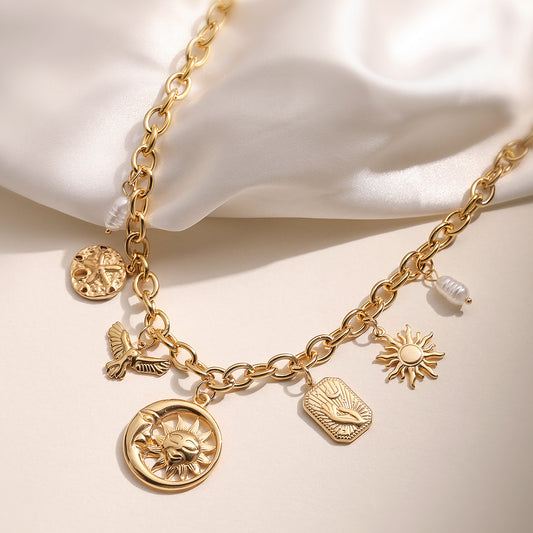 Collana Pendente Geometrica Minimalista Sole e Luna da Donna in Acciaio Inox Placcato Oro 18K