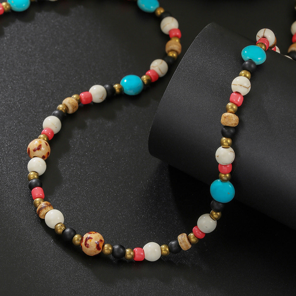Bohemian Geometric Round Wood Turquoise Necklace Cable Chain Unisex