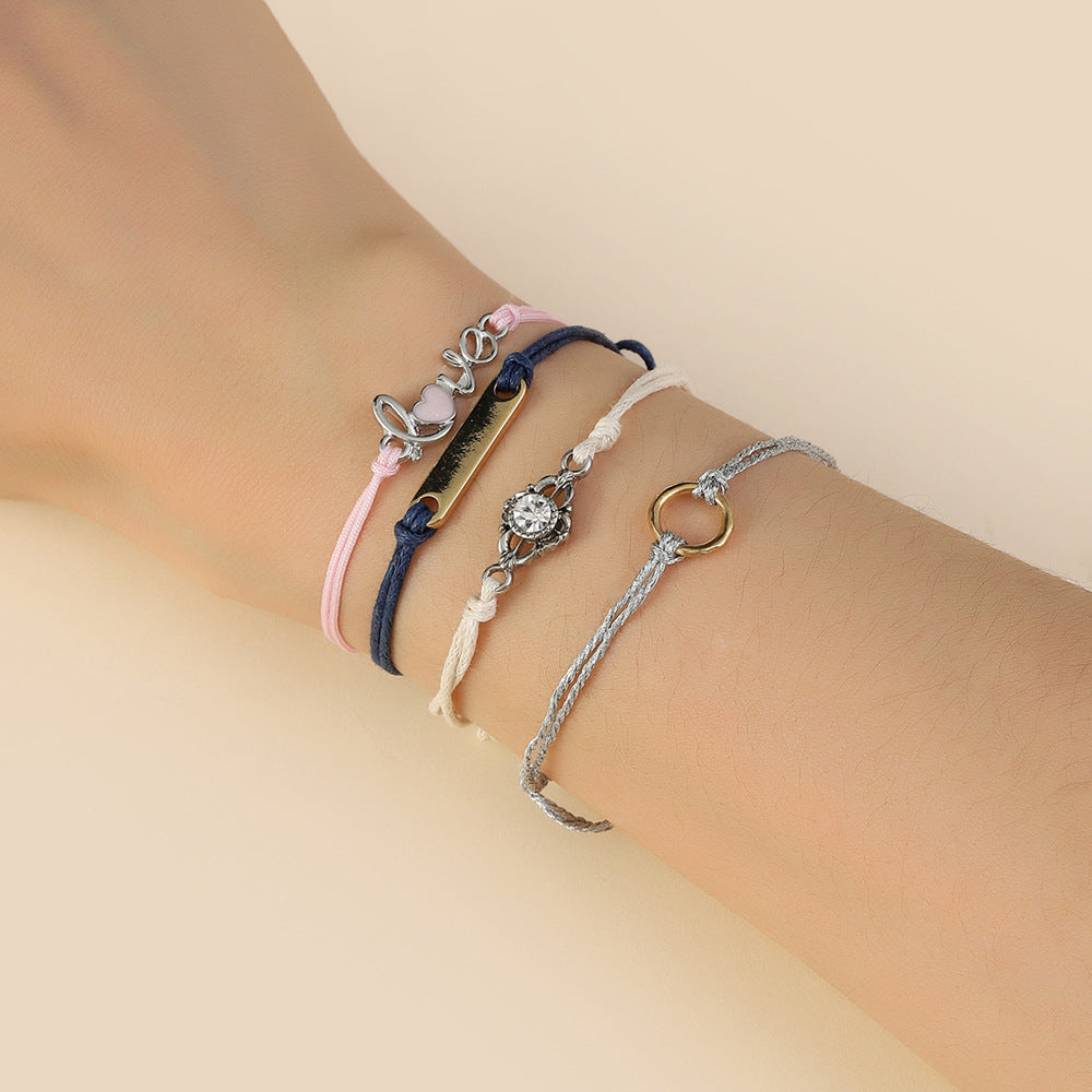 Sweet Geometric Letter Alloy Rhinestone Bracelet Set for Women