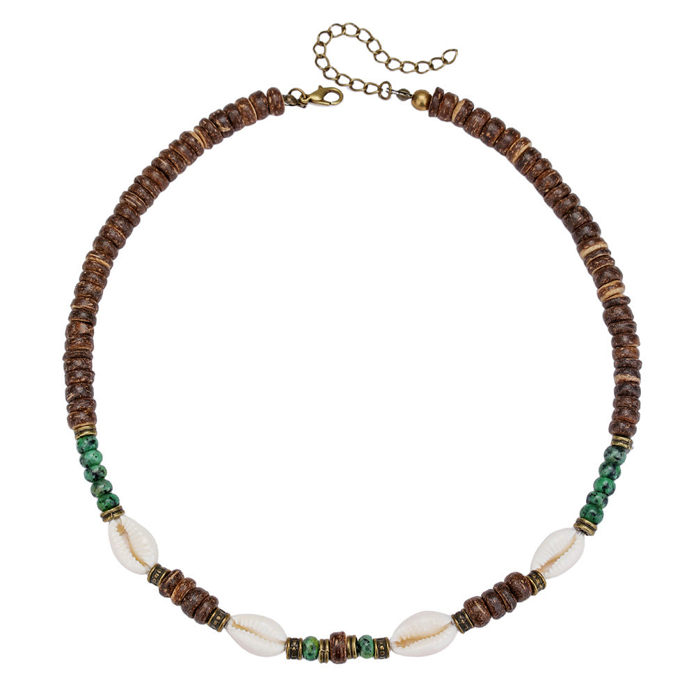 Ocean Style Geometric Round Turquoise Shell Coconut Shell Alloy Pendant Handmade Adjustable Woven Necklace for Men and Women