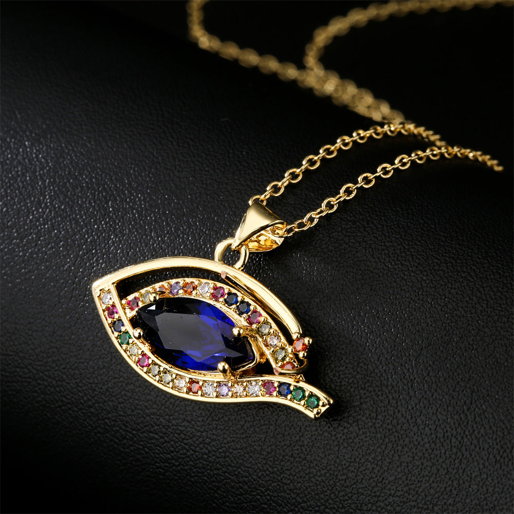 Luxury Geometric Eye Pendant Necklace with Micro-Inlaid Cubic Zirconia on Brass Cable Chain