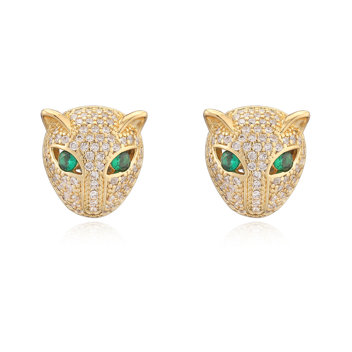 Minimalist 18K Gold Plated Brass Geometric Leopard Head Stud Earrings with Cubic Zirconia for Women