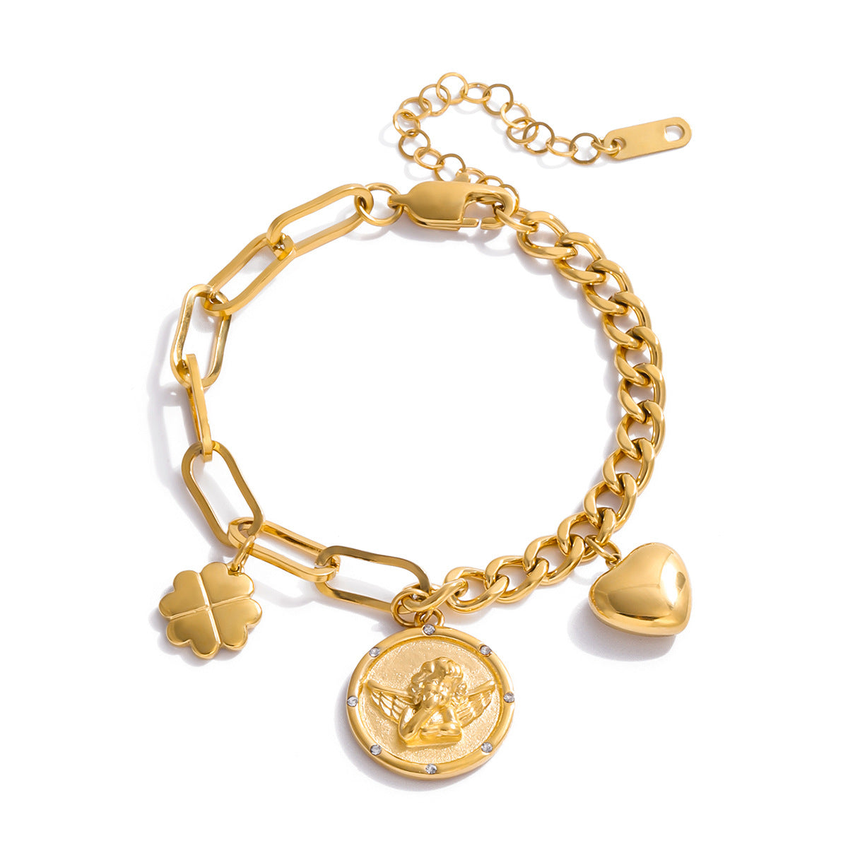 Bracciale vintage geometrico in acciaio al titanio per donna con finitura placcata e motivo ad angelo, accessorio di moda