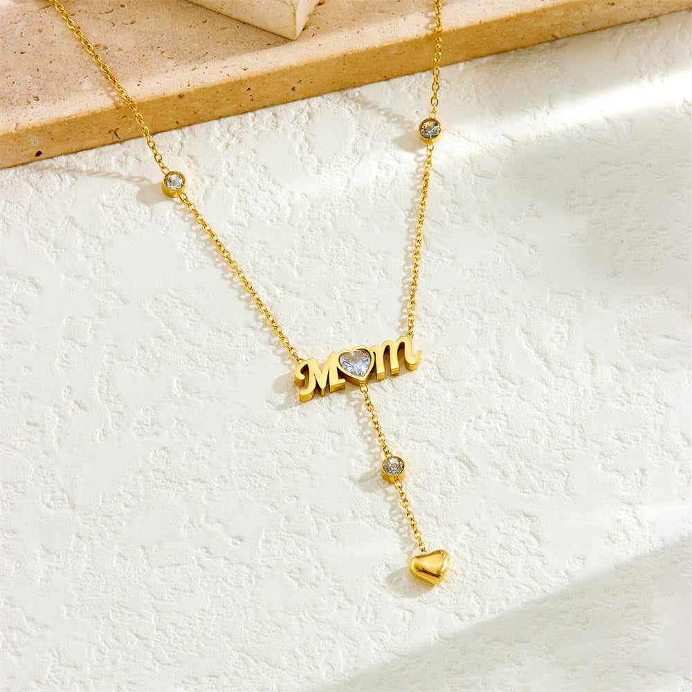 Minimalist Elegant Heart Letter Rhinestone Tassel Stainless Steel Pendant Necklace for Women