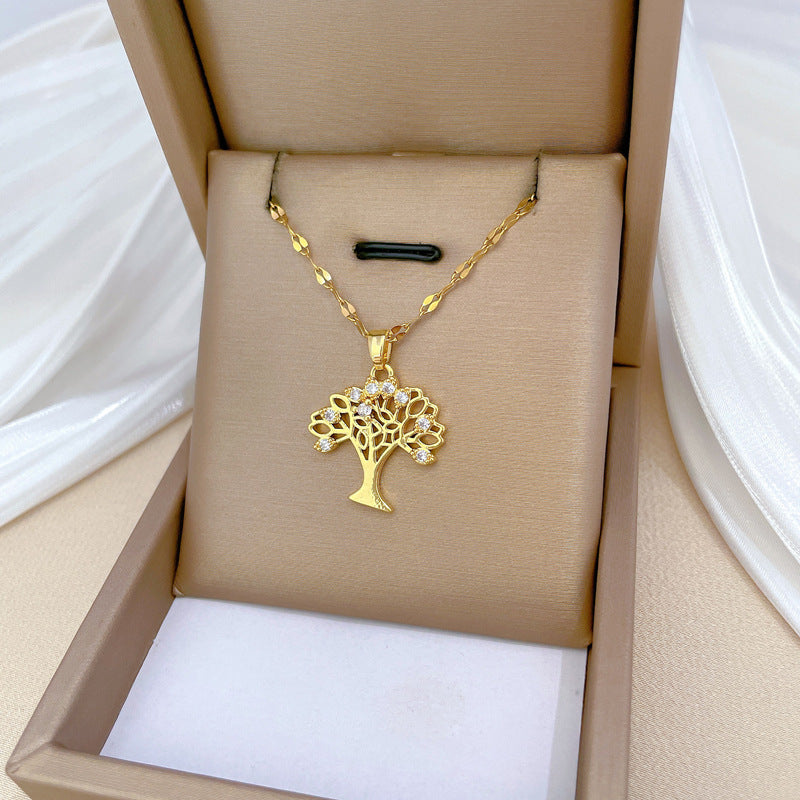 Collana con Pendente Albero Geometrico Minimalista e Frutti Abbondanti in Acciaio al Titanio con Accenti di Strass per Donne e Uomini