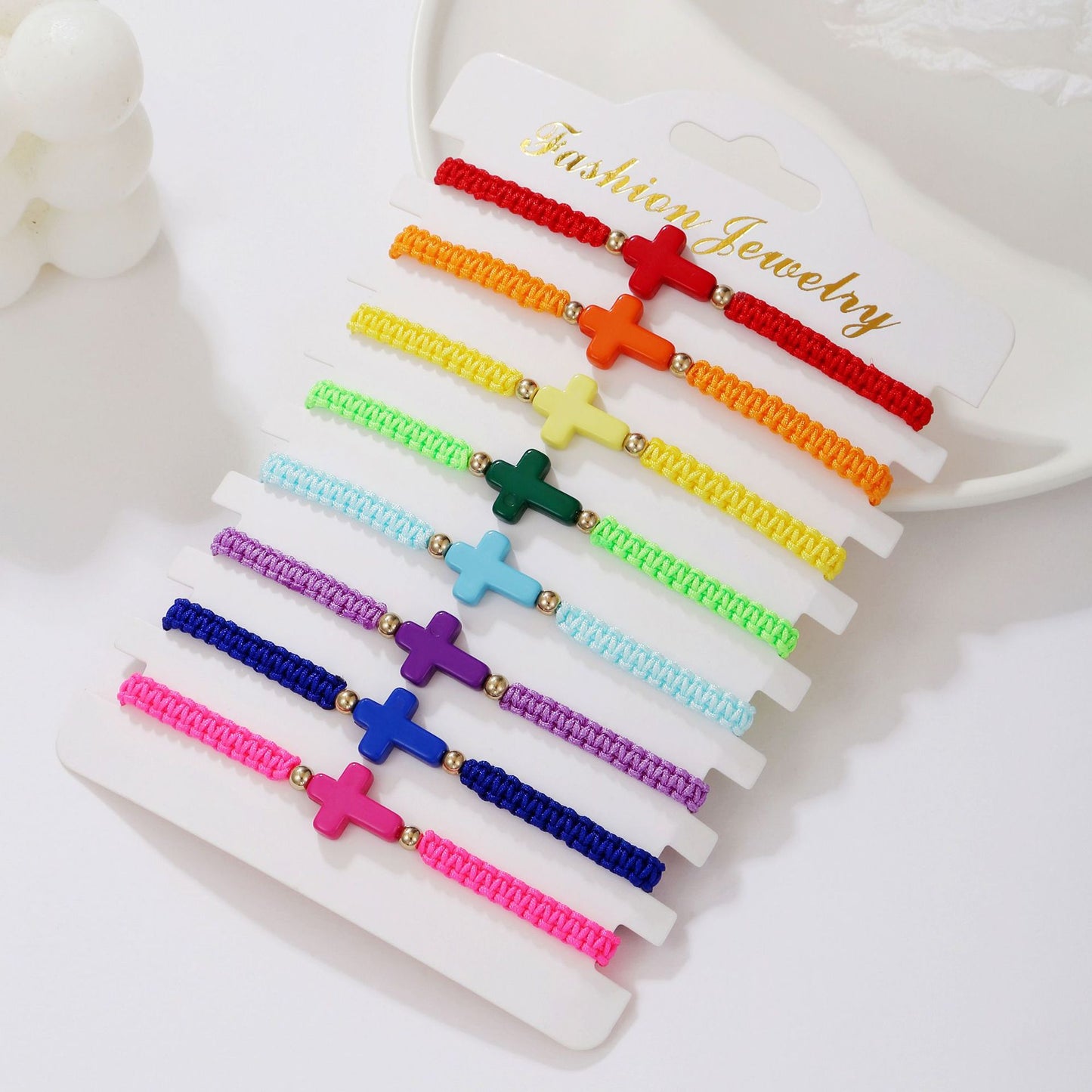 Bohemian Colorful Woven Rope Cross Bracelet Adjustable Acrylic Geometric Handmade Jewelry for Unisex