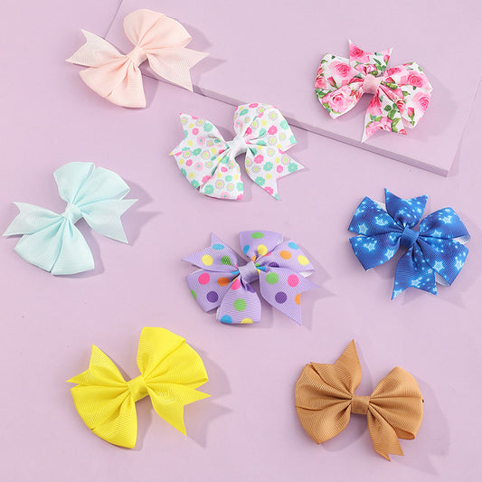 Handmade Bow-Shaped Hair Clip Set for Kids with Floral and Polka Dot Patterns in Fabric Material Princess Style Hair Accessories