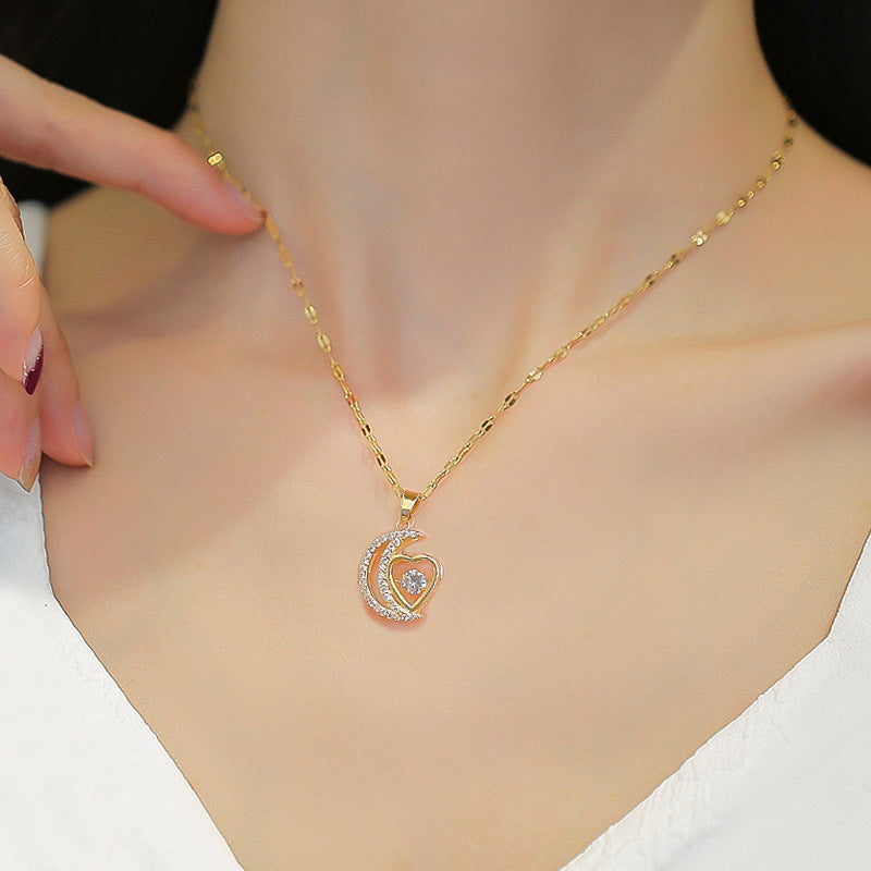 Collar de lujo para mujer con corazón de luna y circonitas incrustadas de acero de titanio
