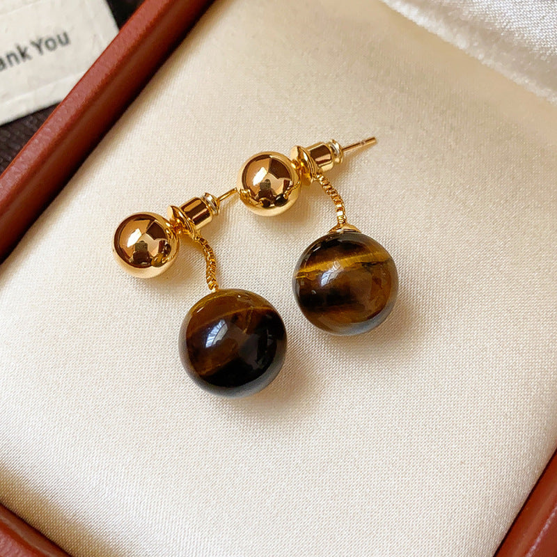 Pendientes de tuerca ovalados de ojo de tigre estilo Maillard vintage con postes de plata 925 bañados en oro de 18 quilates