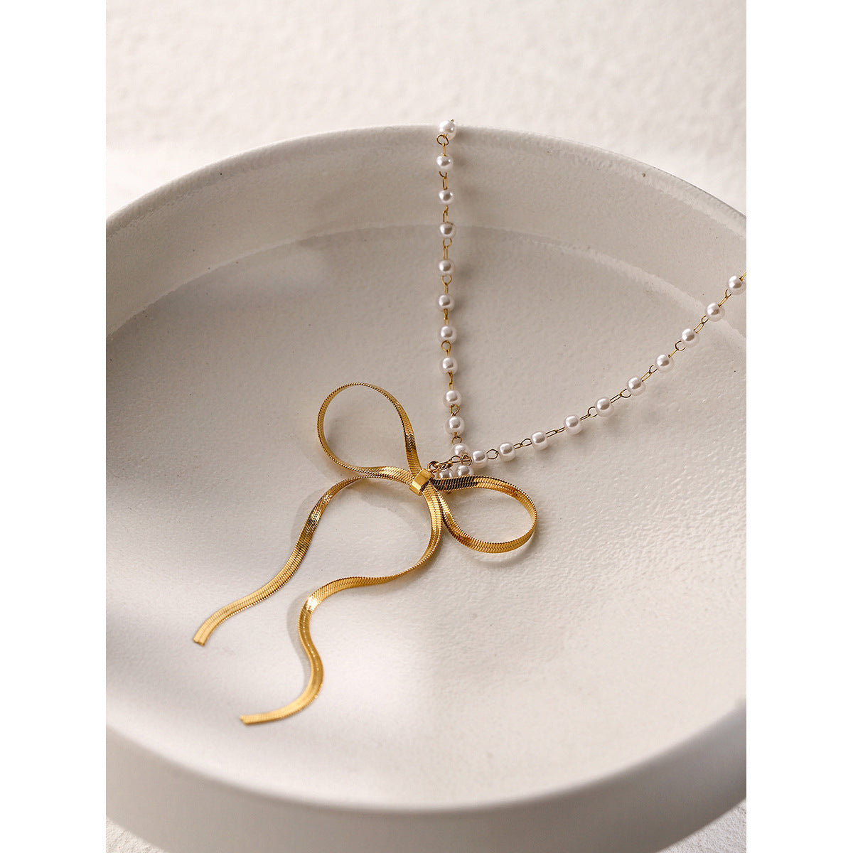 Sweet Pastoral 18K Gold Plated Stainless Steel Bow Butterfly Pendant Necklace for Women