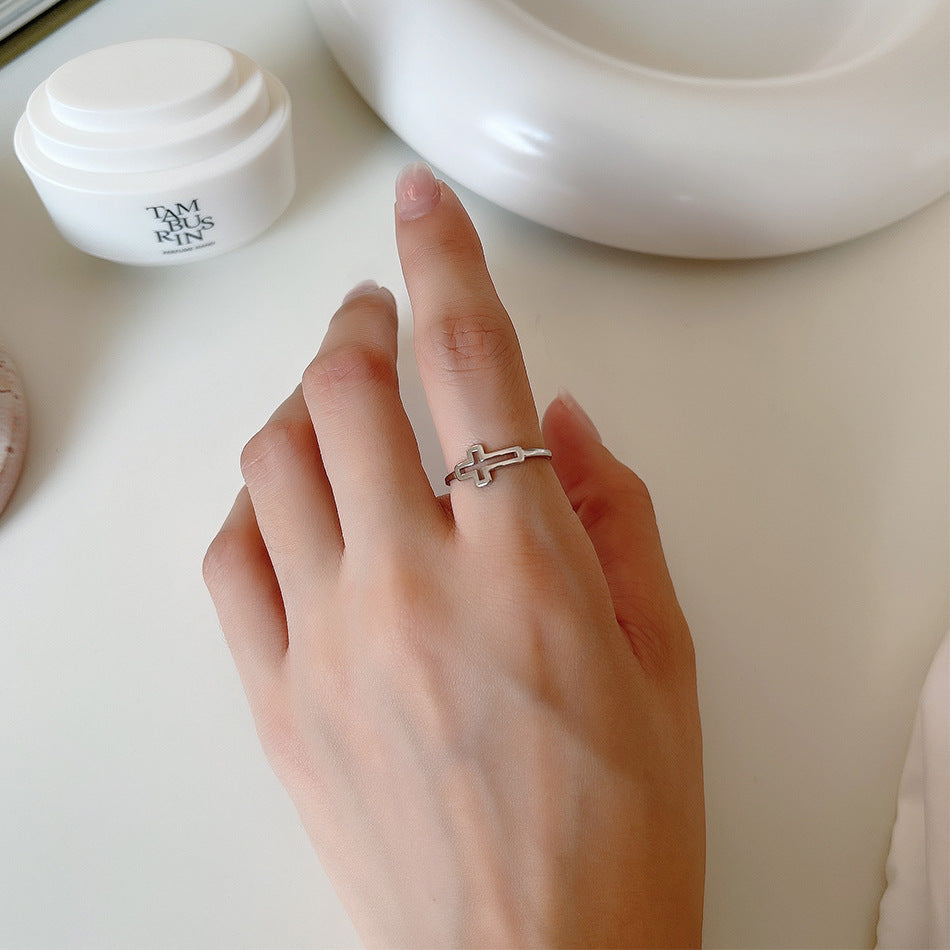 Minimalist 925 Sterling Silver Polished Hollow Cross Open Ring