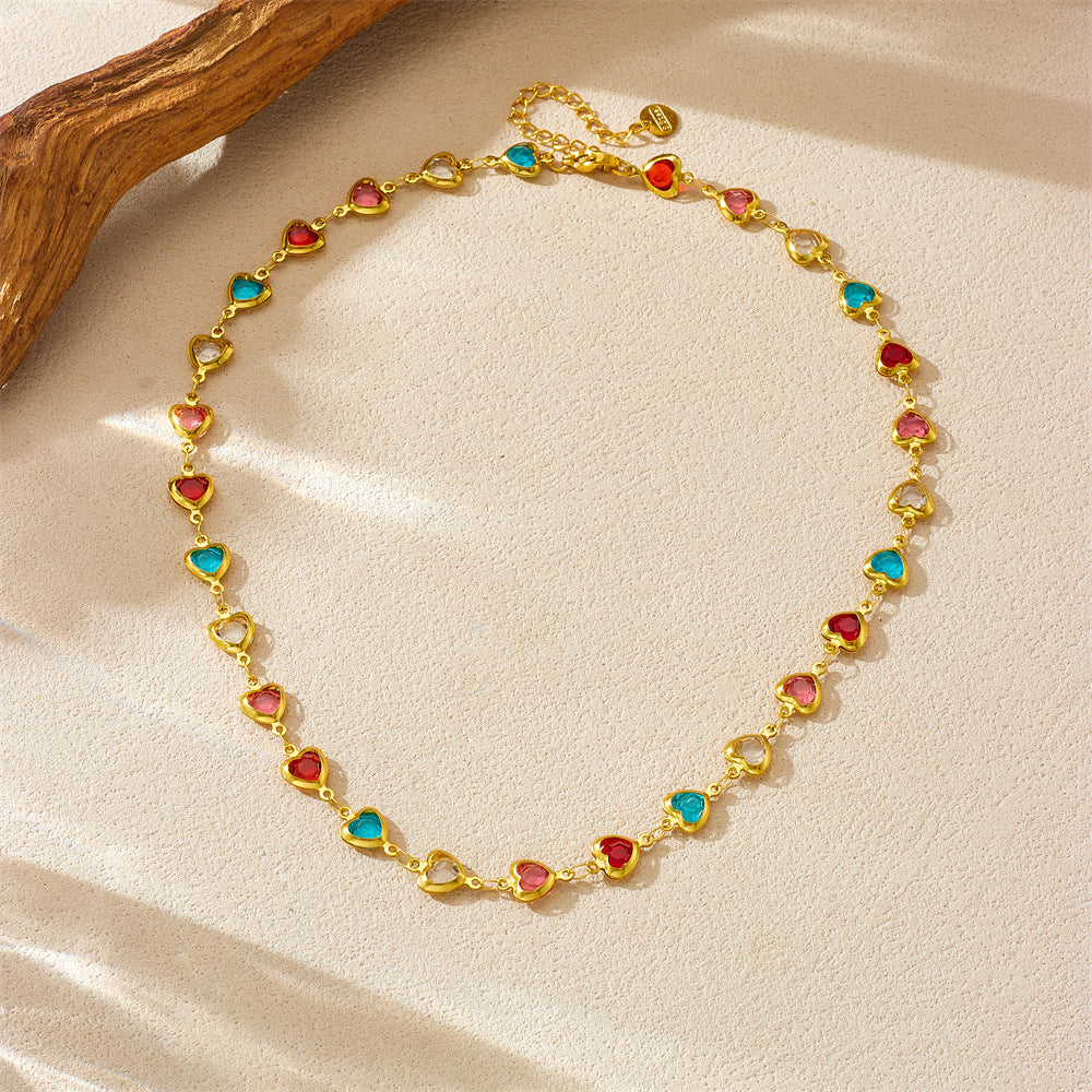 Sweet Minimalist Heart-Shaped Rhinestone Pendant Necklace in Stainless Steel with Plated Finish
