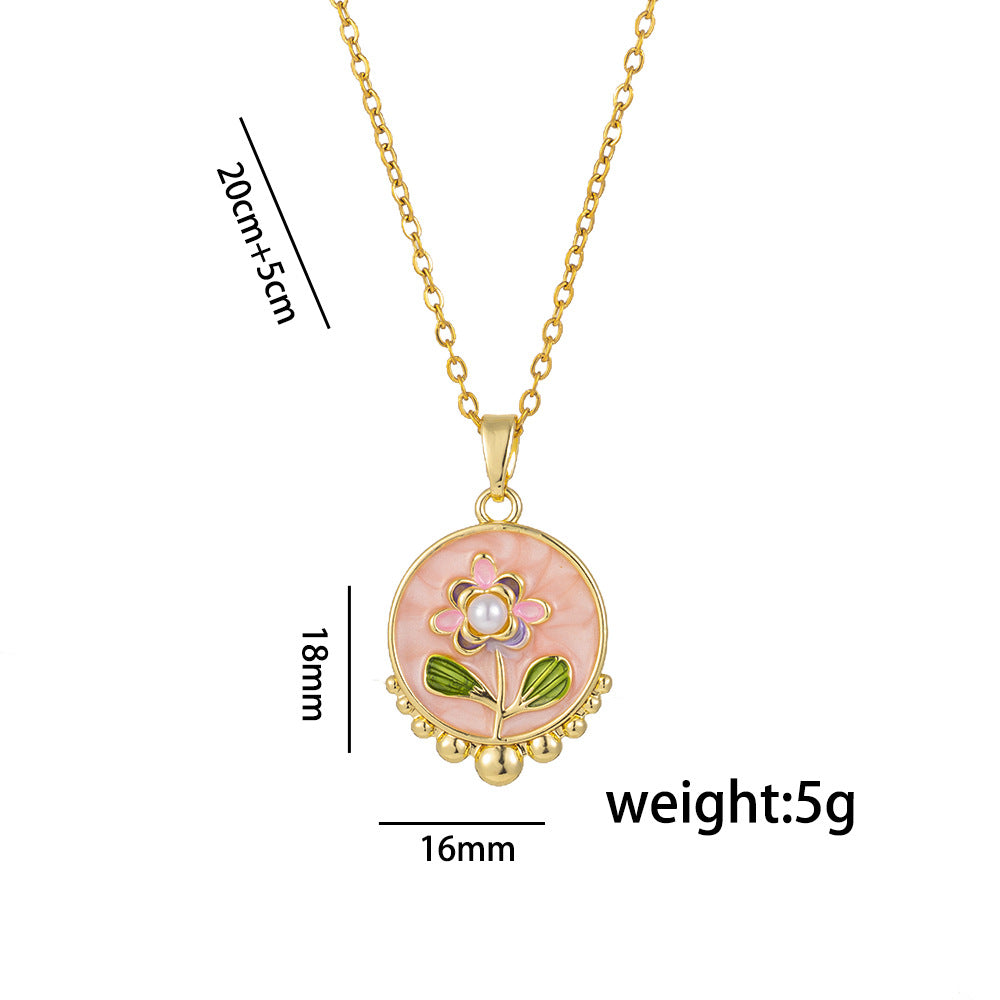 Fashionable Floral Enamel Copper Pendant Necklace for Women with Geometric Shape Titanium Steel Chain and O-Chain Style