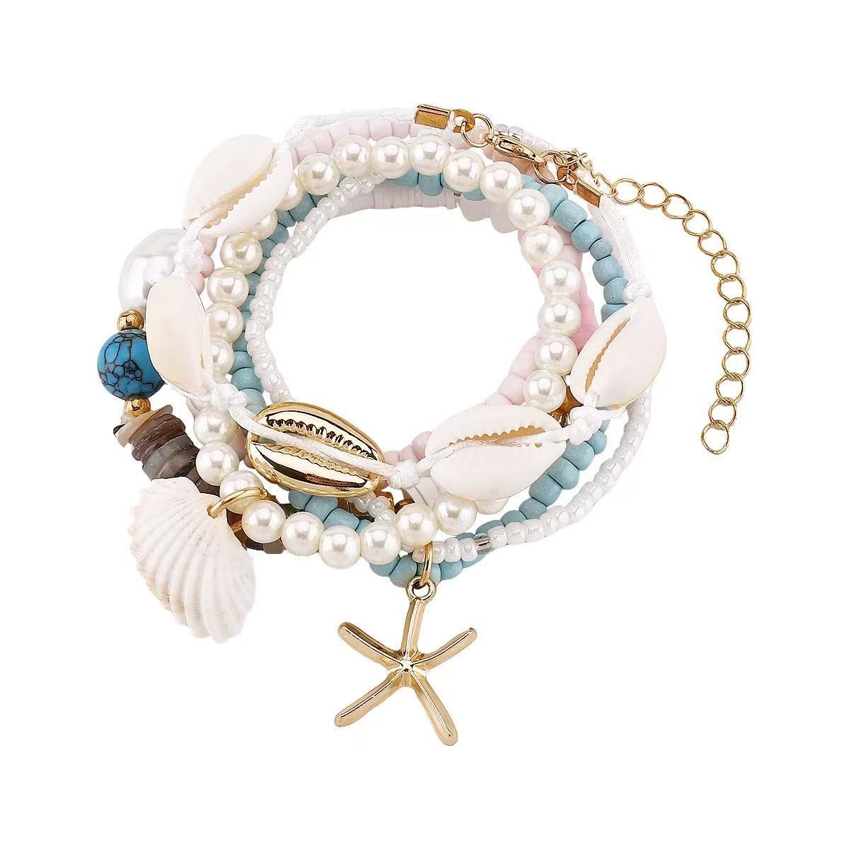 Set di bracciali da donna in stile bohémien con stelle marine e conchiglie, tessuti a mano