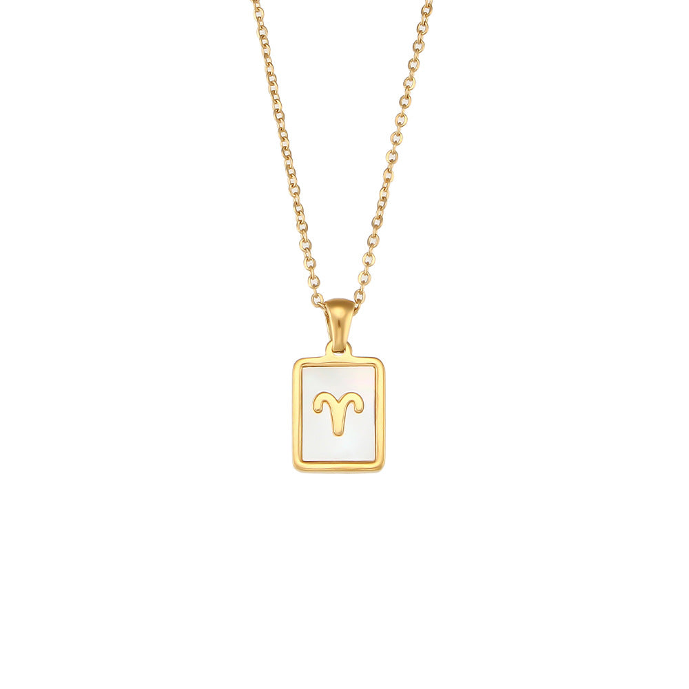 Collana con ciondolo segno zodiacale alla moda da donna con catena in acciaio inossidabile e intarsio in conchiglia naturale a forma di quadrato geometrico