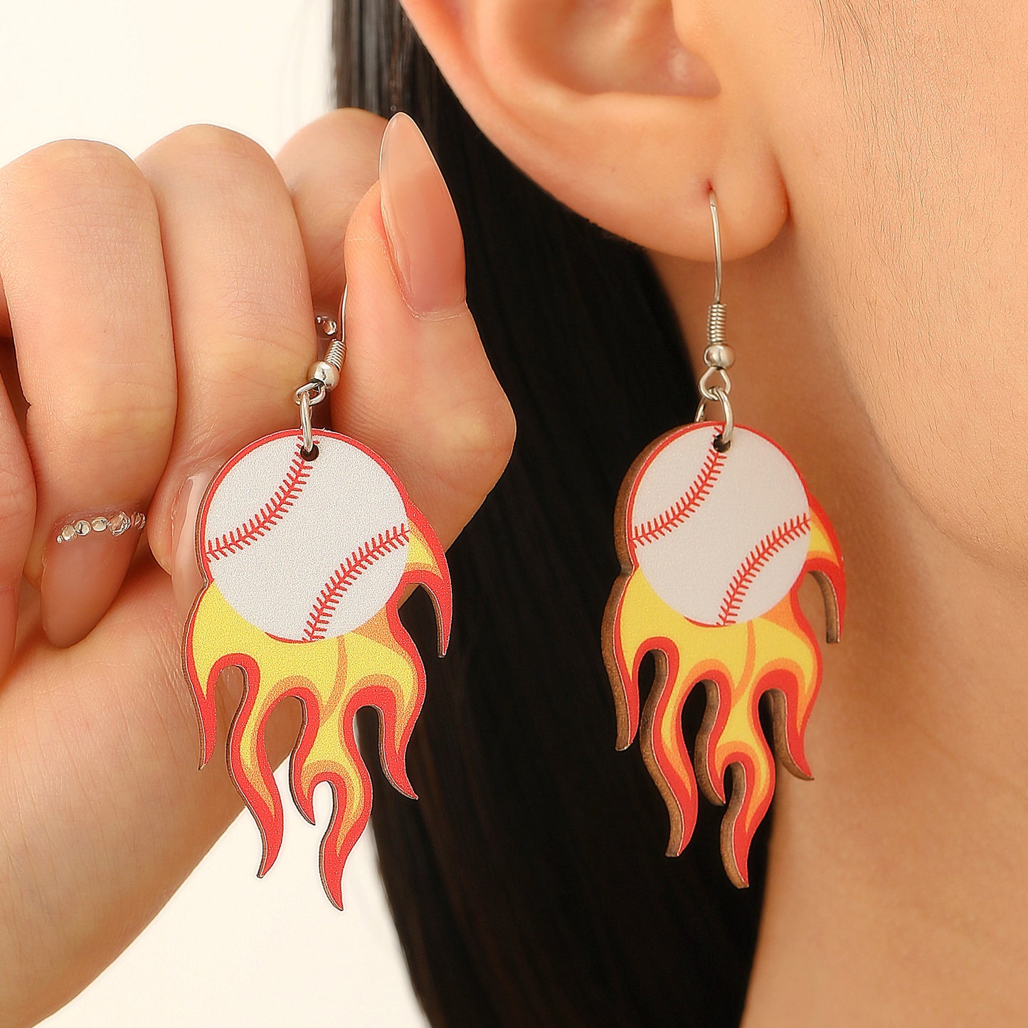 Vintage Acrylic Heart Stud Earrings with Sports Ball Print for Women