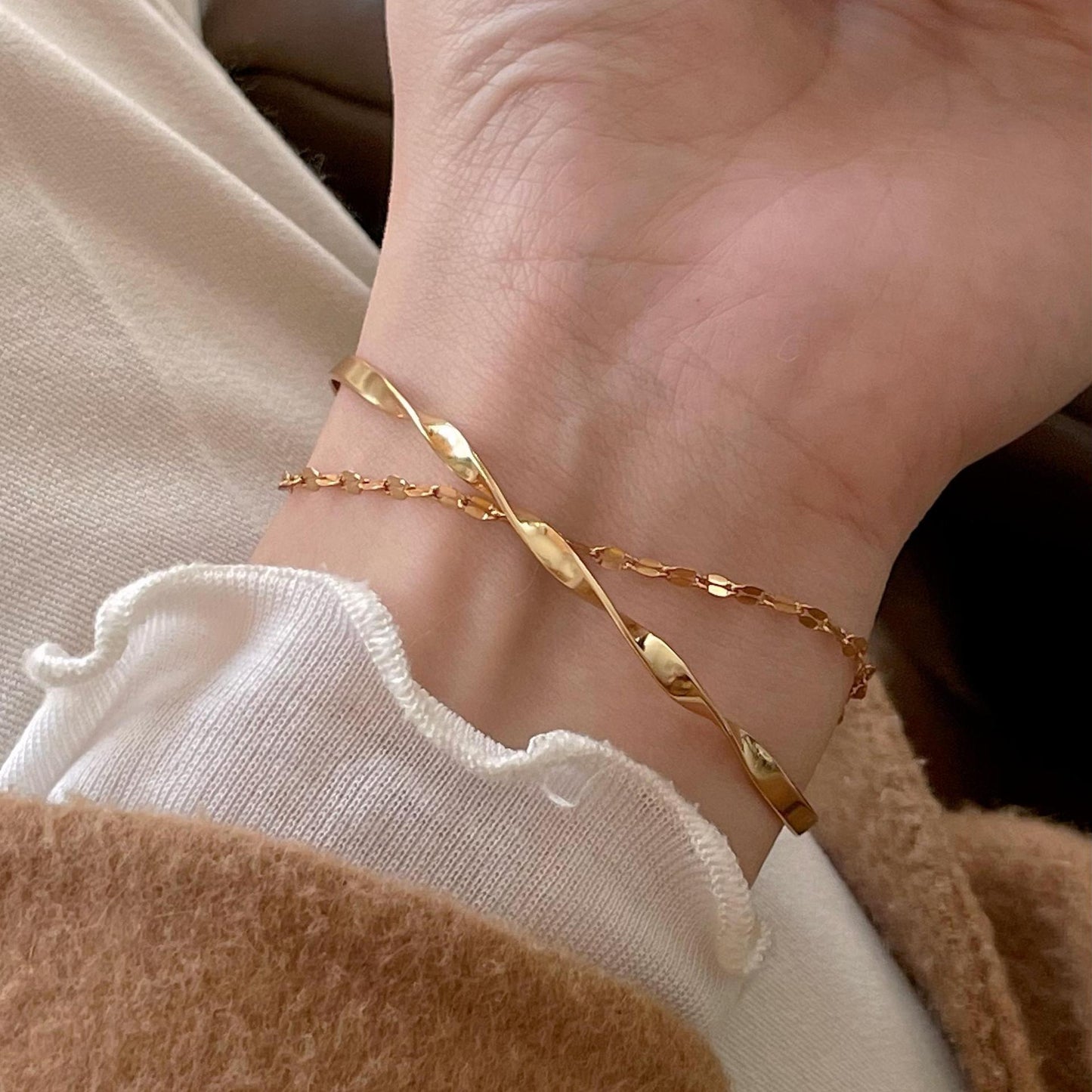 Pulsera de doble capa geométrica chapada en plata de ley 925 minimalista para mujer
