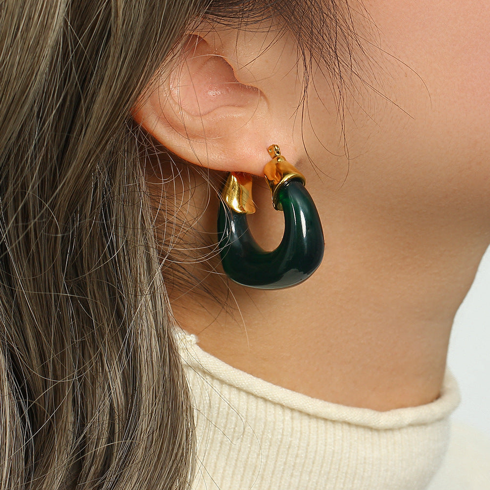 Vintage-Style U-Shaped Stainless Steel Gold-Plated Acrylic Hoop Earrings for Women with Transparent Colorful Design