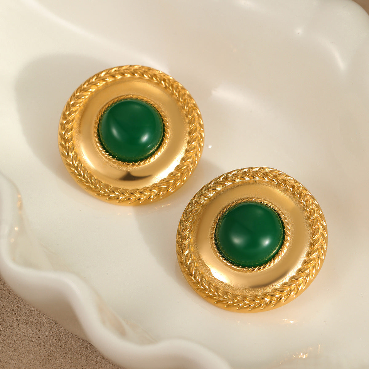 Pendientes Minimalistas Geométricos de Acero Inoxidable con Discos de Ágata Verde Pulida, Estilo Gancho Francés, Joyería de Lujo de Moda para Mujer