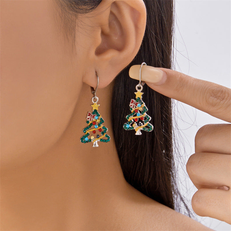 Fashion Christmas Tree Pendant Necklace and Earrings Set for Women with Enamel Finish and Rhinestone Inlay on O-Chain