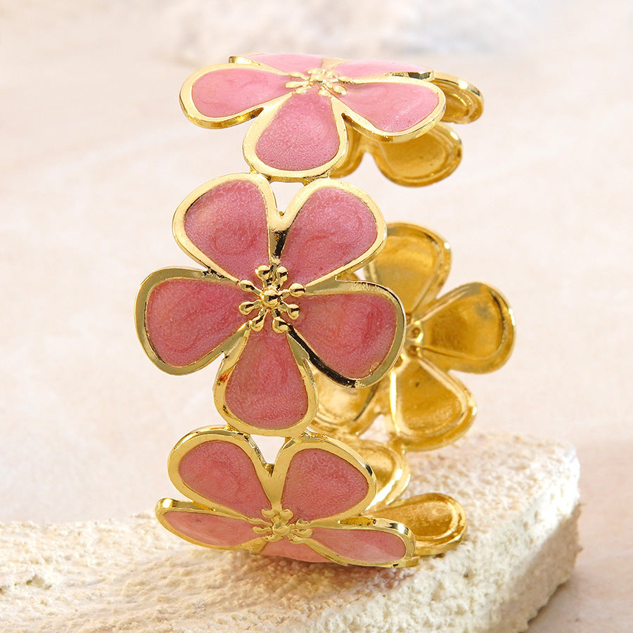 Bracciale a Polsino Aperto in Acciaio Inossidabile con Fiore a Cinque Petali, Motivo Floreale Casual