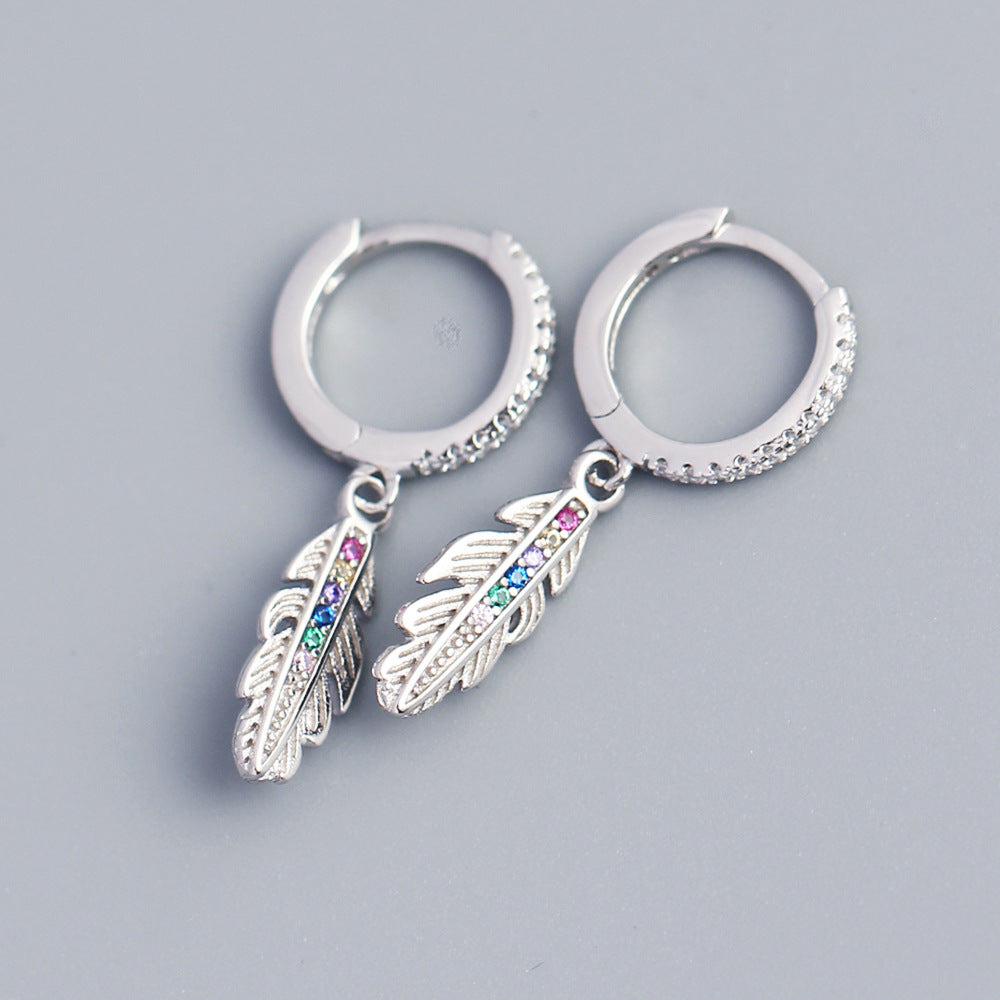 Eleganti Orecchini a Cerchio in Argento Sterling 925 a Forma di Piuma con Zirconi Cubici Colorati