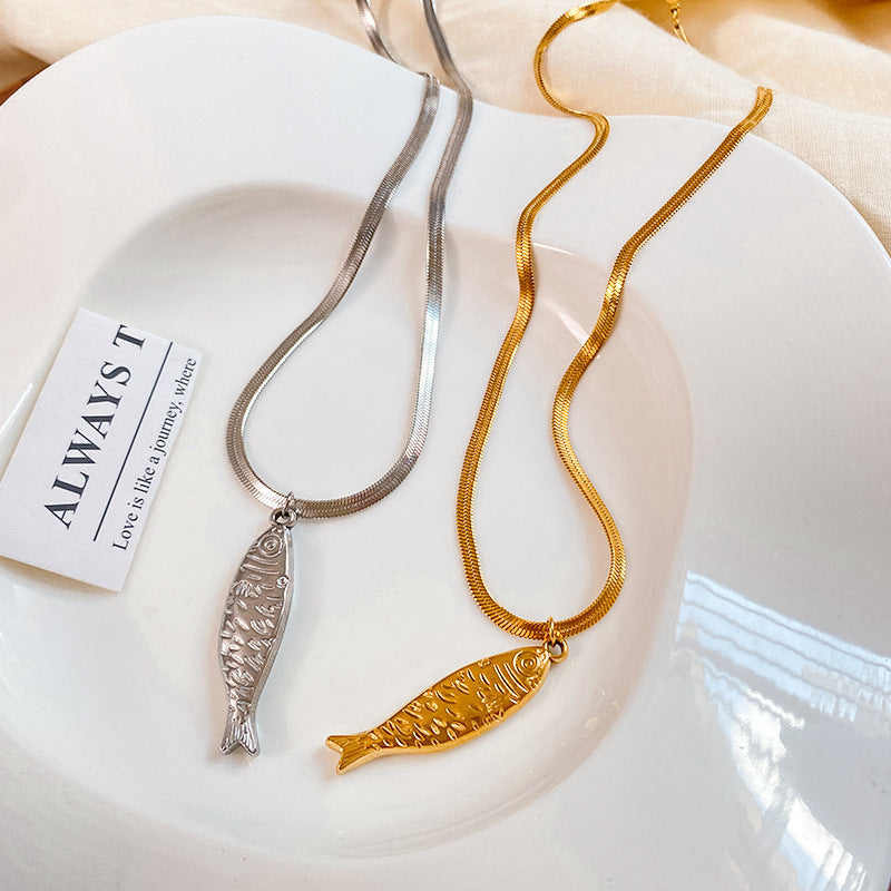 Vintage Fish Titanium Steel Plated Necklace with Snake Chain