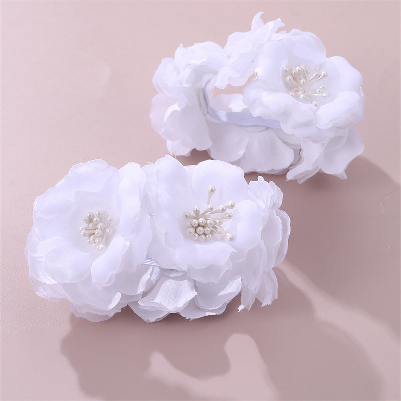 Cute Floral Hair Tie with Pink Flowers and White Daisy Design, Minimalist Pearl-Embellished Fabric Hairband for Kids