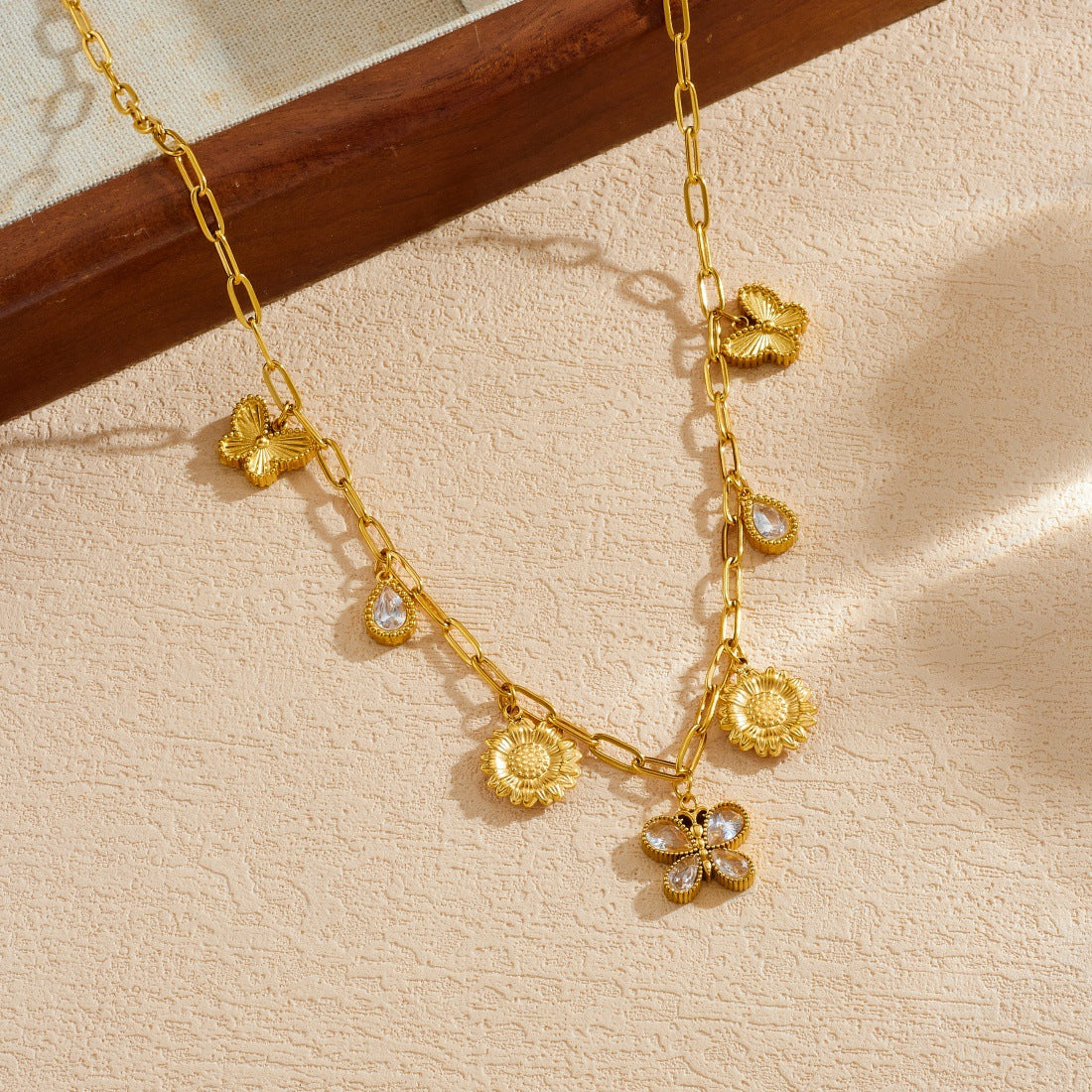 Gold Plated Rhinestone Butterfly Teardrop Pendant Stainless Steel Curb Chain Jewelry Set for Women