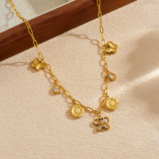 Gold Plated Rhinestone Butterfly Teardrop Pendant Stainless Steel Curb Chain Jewelry Set for Women