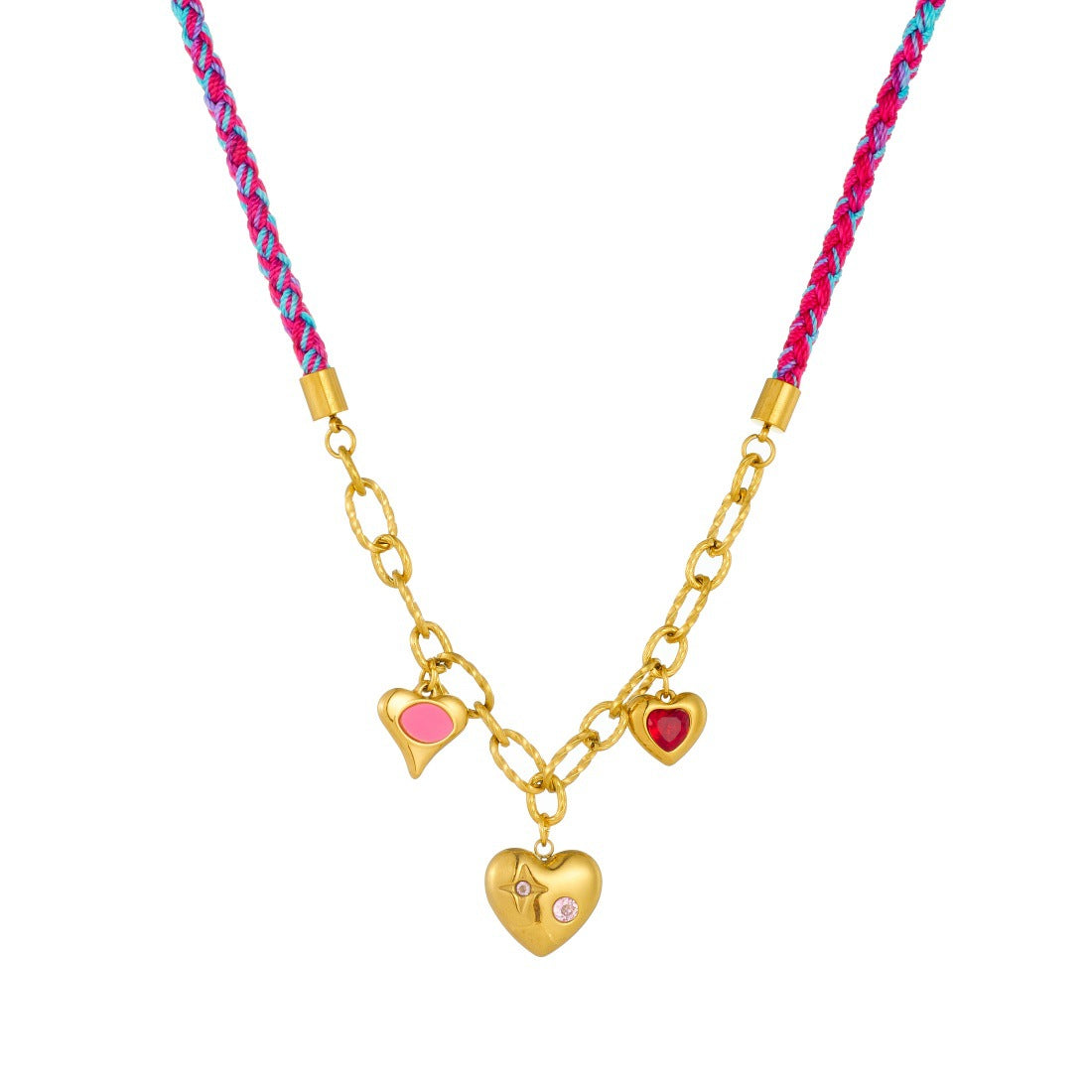 Sweet Streetwear Gradient Heart Rhinestone Gold Plated Stainless Steel Hand-woven Rope Chain Necklace for Women