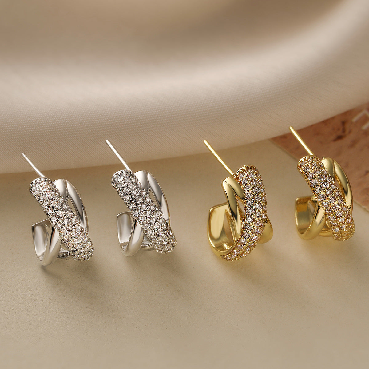 Minimalist Luxe Irregular Geometric C-Shaped Copper Earrings for Women with Micro-Pave Setting