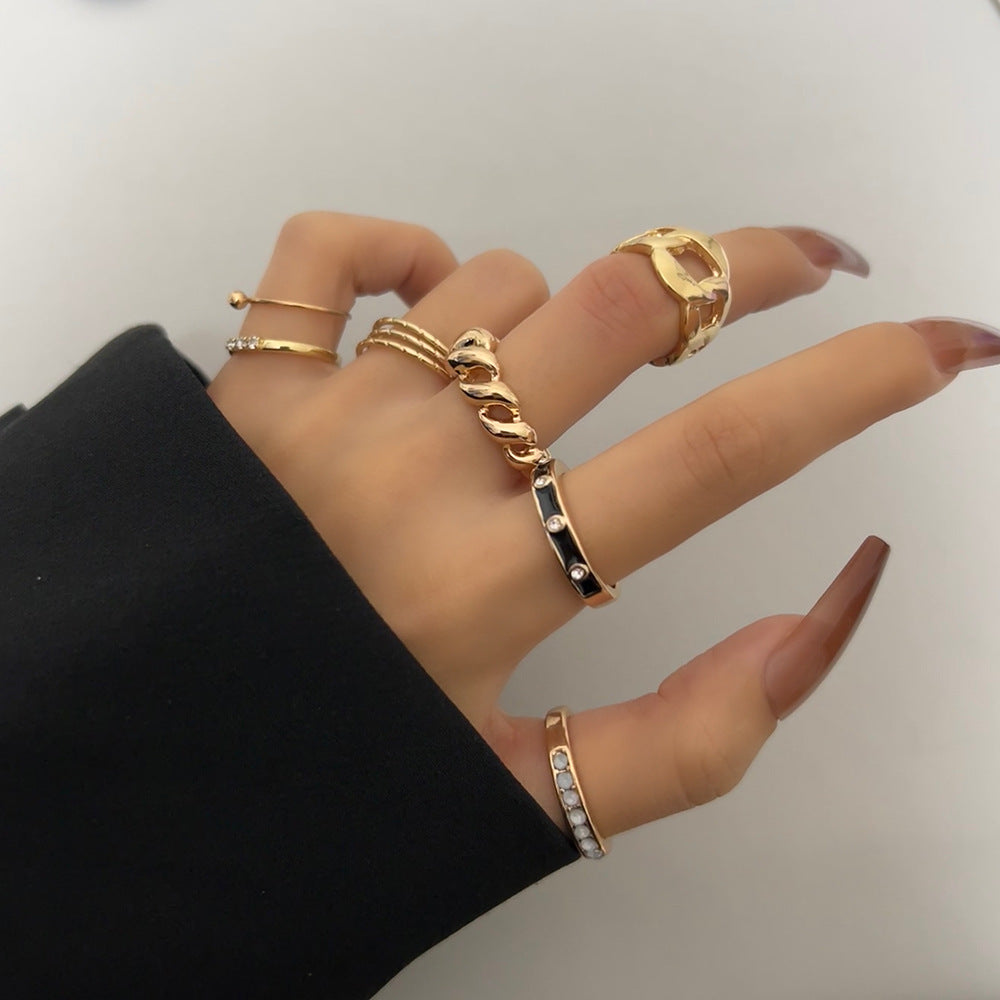 Vintage Bohemian Geometric Round Drip Oil Plated Alloy Ring Set with Rhinestone Crystal Gemstone Inlay for Women and Men
