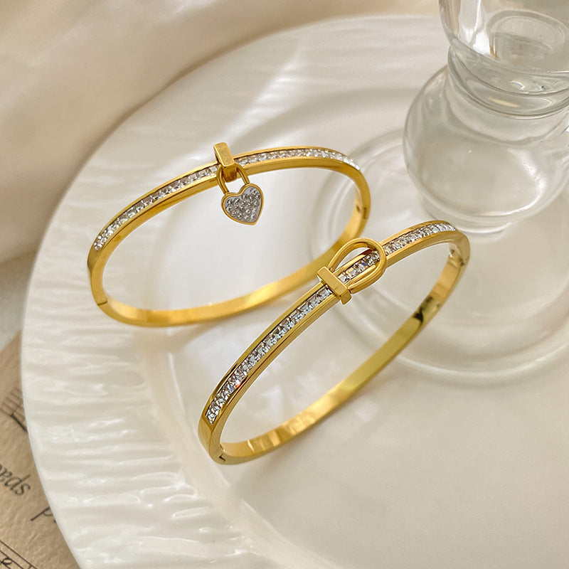 Micro-Paved Diamond Heart Lock Titanium Steel Bracelet for Women
