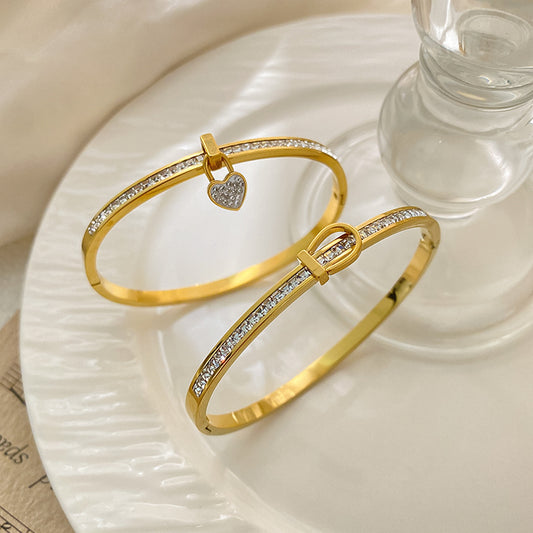 Micro-Paved Diamond Heart Lock Titanium Steel Bracelet for Women