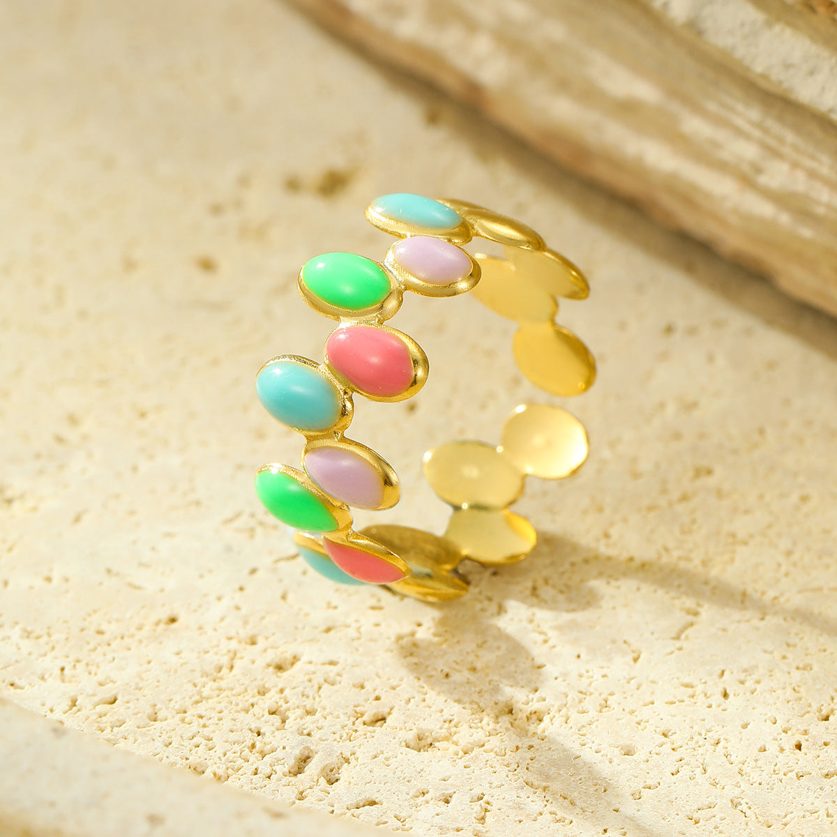 Minimalist Oval-Shaped Titanium Steel Ring with Enamel Finish Adjustable Fashion Jewelry for Women