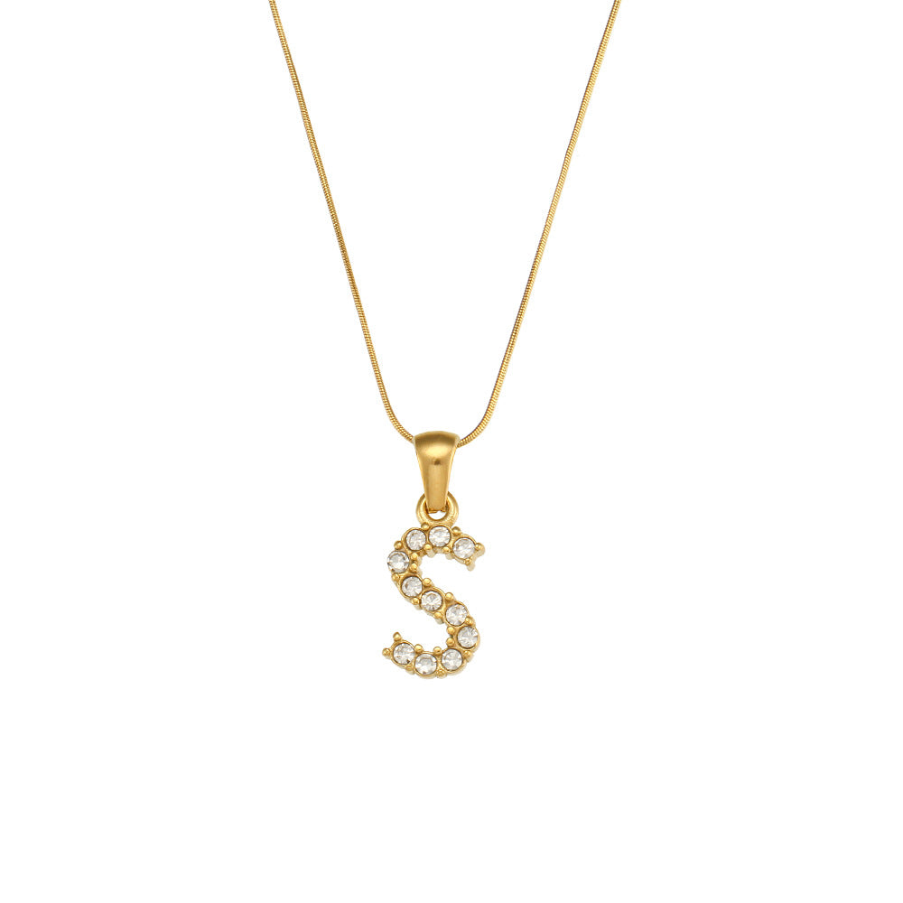 Fashion Minimalist Letter Pendant Necklace in Stainless Steel with 18K Gold Plating and Cubic Zirconia on Thin Snake Chain for Women